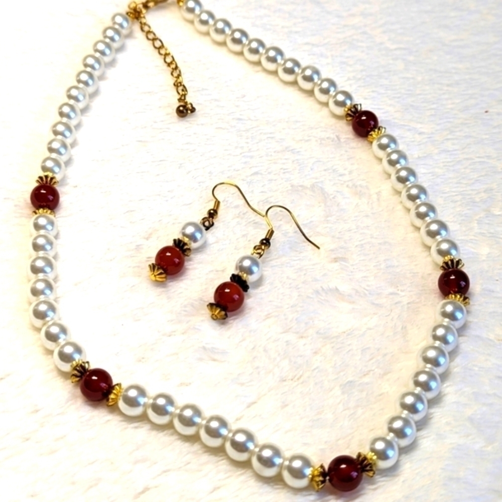 Vintage 90's Faux Pearl with Carnelian Accent Beads Necklace & Matching Earrings